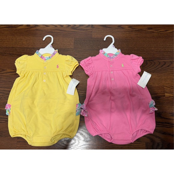 Ralph Lauren Other - Ralph Lauren Baby Girls 2PK Polo Bubble Romper Yellow Pink Plaid Ruffle 9M NEW